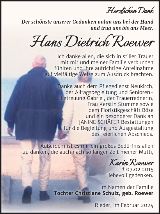 Traueranzeige von Hans Dietrich Roewer von Trauerkombi Quedlinburg