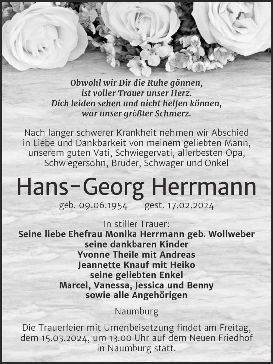 Traueranzeige von Hans Georg Herrmann von Super Sonntag Naumburg/Nebra