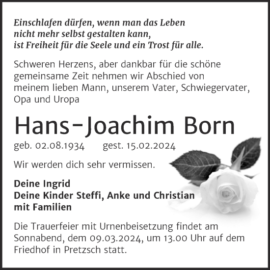 Traueranzeige von Hans Joachim Born von Trauerkombi Wittenberg