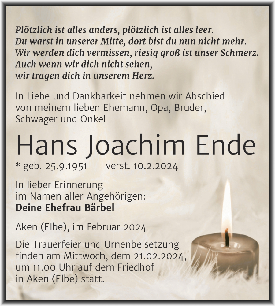  Traueranzeige für Hans Joachim Ende vom 14.02.2024 aus Trauerkombi Köthen