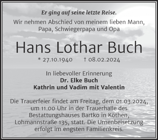 Traueranzeige von Hans Lothar Buch von Super Sonntag Köthen