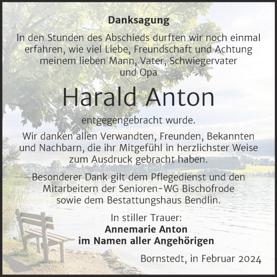 Traueranzeige von Harald Anton von Trauerkombi Mansfelder Land
