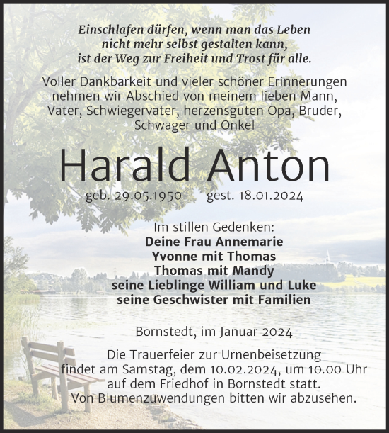 Traueranzeige von Harald Anton von Trauerkombi Mansfelder Land