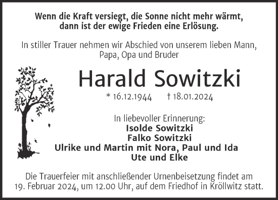 Traueranzeige von Harald Sowitzki von Mitteldeutsche Zeitung Halle/Saalkreis