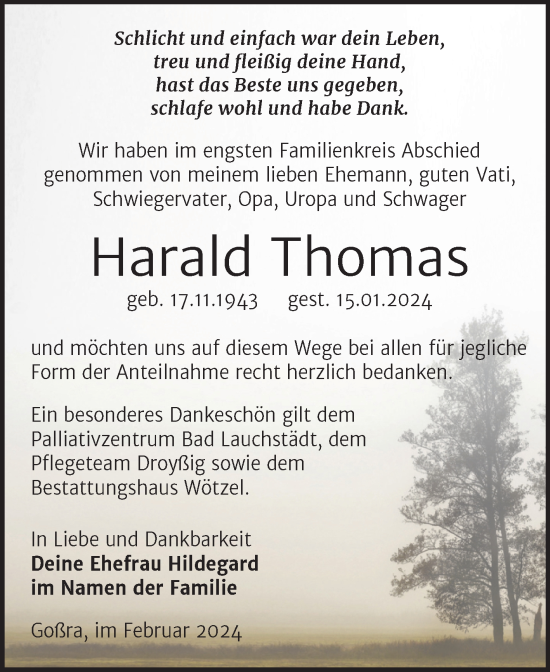 Traueranzeige von Harald Thomas von Super Sonntag Zeitz