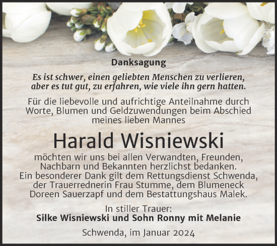 Traueranzeige von Harald Wisniewski von Trauerkombi Sangerhausen