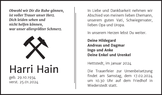 Traueranzeige von Harri Hain von Trauerkombi Mansfelder Land