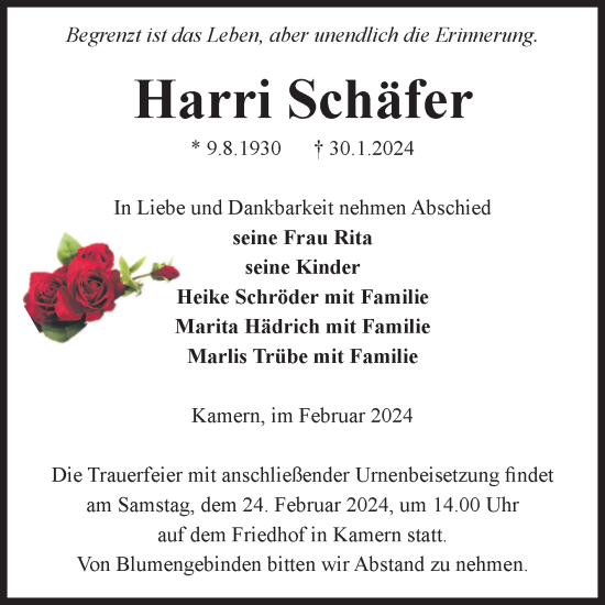 Traueranzeige von Harri Schäfer von Volksstimme Altmark Ost