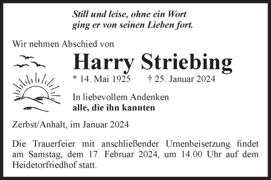 Traueranzeige von Harry Striebing von Volksstimme Zerbst