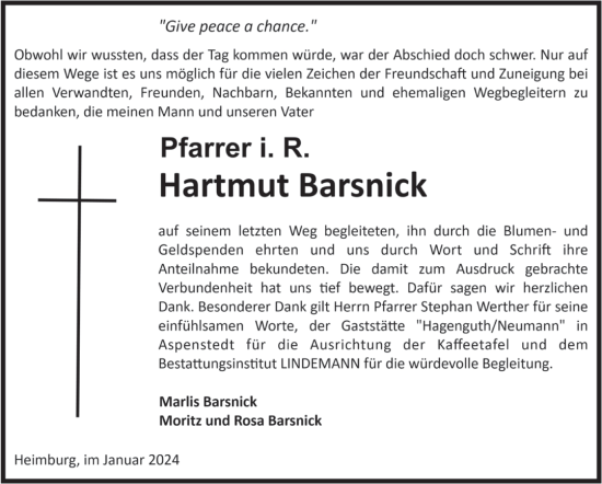 Traueranzeige von Hartmut Barsnick von Volksstimme Halberstadt