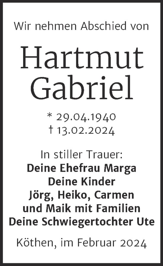 Traueranzeige von Hartmut Gabriel von Trauerkombi Köthen