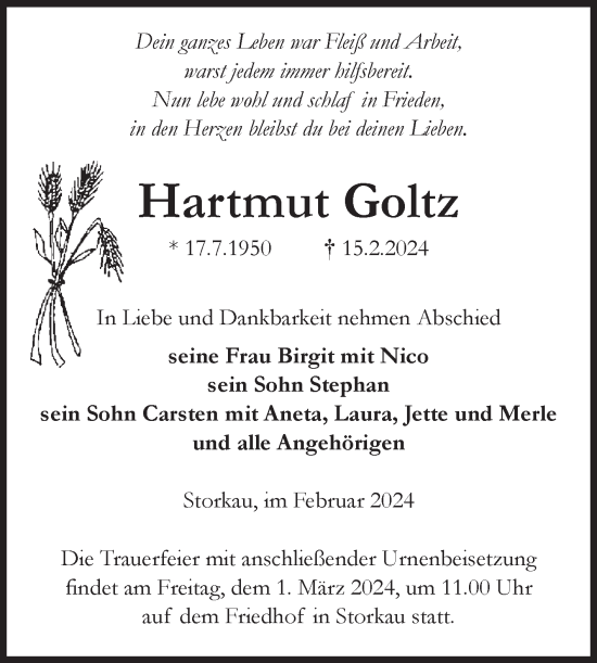 Traueranzeige von Hartmut Goltz von Volksstimme Altmark Ost