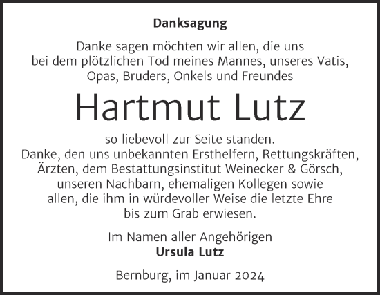 Traueranzeige von Hartmut Lutz von Trauerkombi Bernburg