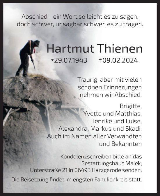 Traueranzeige von Hartmut Thienen von Volksstimme Wernigerode