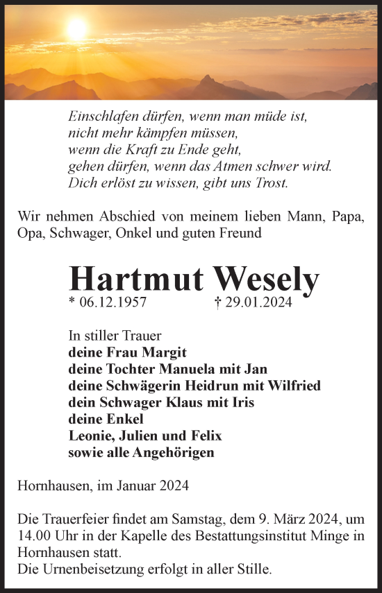 Traueranzeige von Hartmut Wesely von Volksstimme Oschersleben/Wanzleben