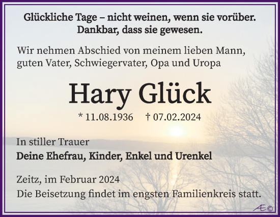Traueranzeige von Hary Glück von Trauerkombi Zeitz