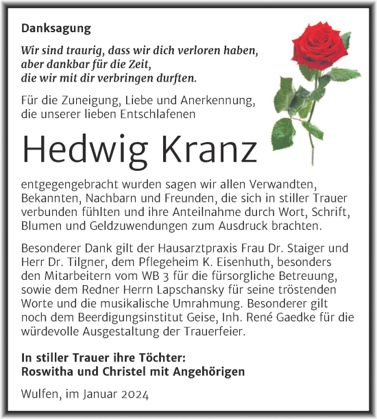 Traueranzeige von Hedwig Kranz von Trauerkombi Köthen