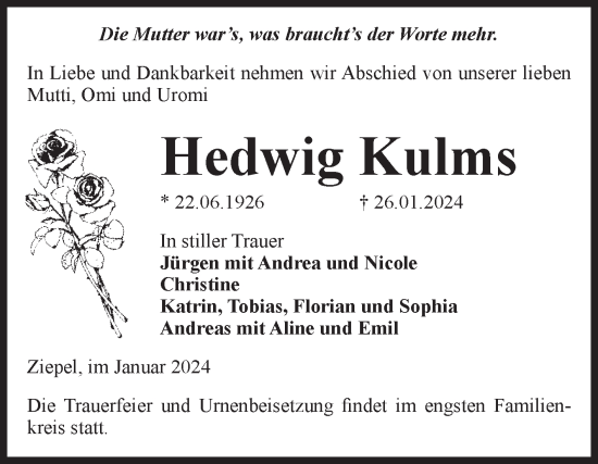 Traueranzeige von Hedwig Kulms von Volksstimme Burg/Genthin
