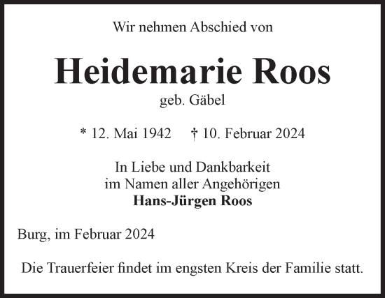 Traueranzeige von Heidemarie Roos von Volksstimme Burg/Genthin