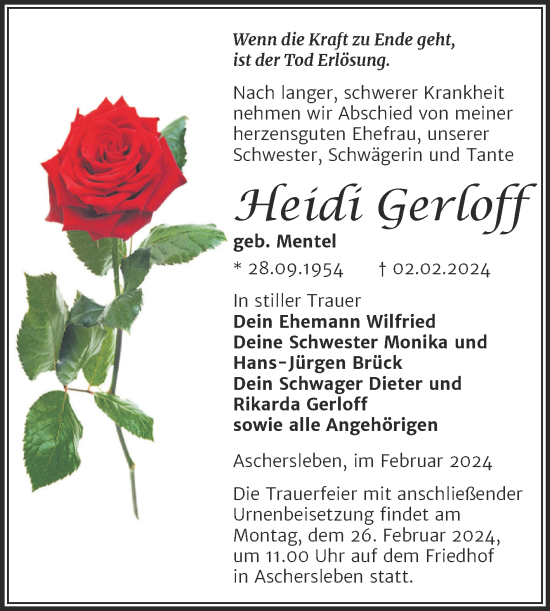 Traueranzeige von Heidi Gerloff von Trauerkombi Aschersleben