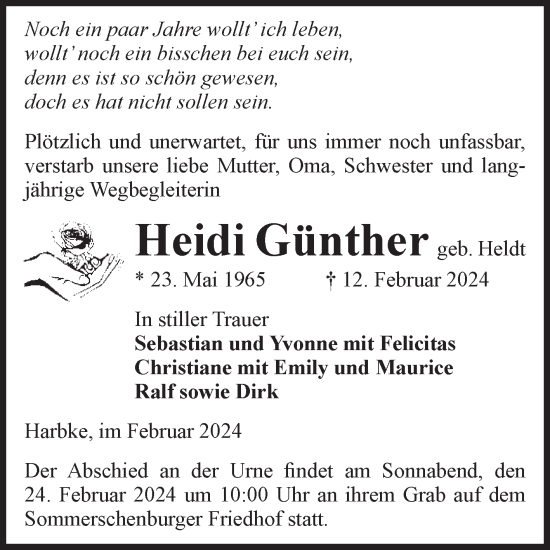 Traueranzeige von Heidi Günther von Volksstimme Oschersleben/Wanzleben