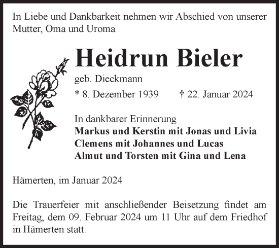 Traueranzeige von Heidrun Bieler von Volksstimme Altmark Ost