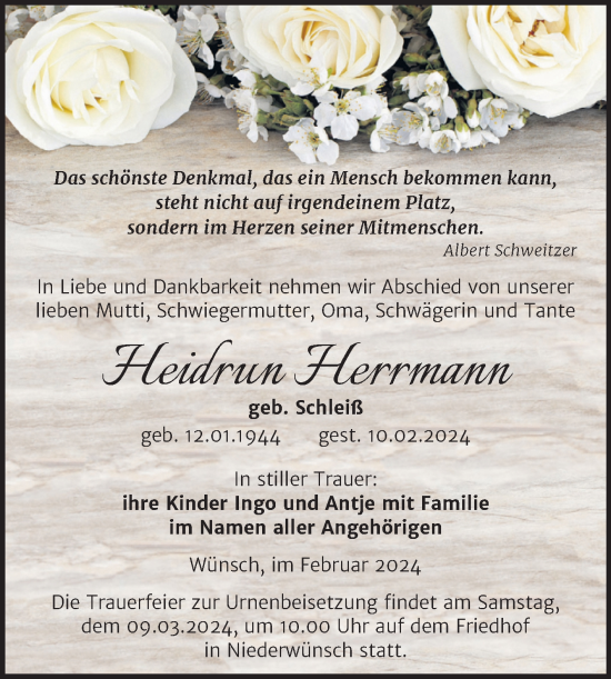 Traueranzeige von Heidrun Herrmann von Trauerkombi Merseburg