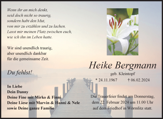 Traueranzeige von Heike Bergmann von Volksstimme Burg/Genthin