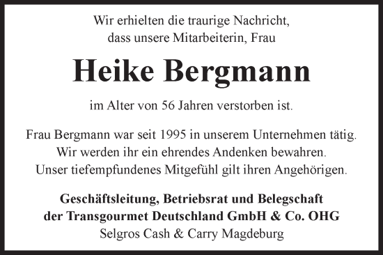 Traueranzeige von Heike Bergmann von Volksstimme Magdeburg