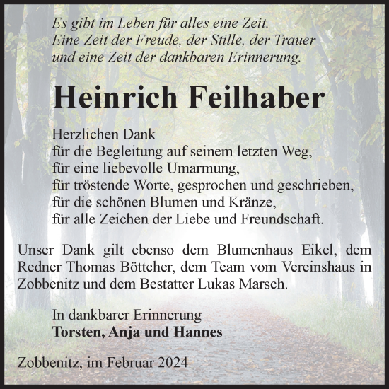 Traueranzeige von Heinrich Feilhaber von Volksstimme Haldensleben/Wolmirstedt