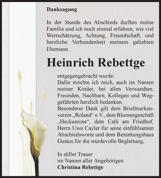 Traueranzeige von Heinrich Rebettge von Volksstimme Halberstadt