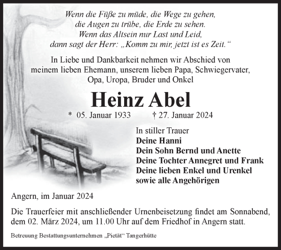 Traueranzeige von Heinz Abel von Volksstimme Haldensleben/Wolmirstedt