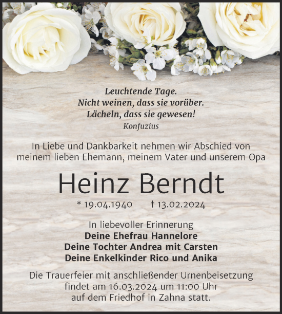 Traueranzeige von Heinz Berndt von Trauerkombi Wittenberg
