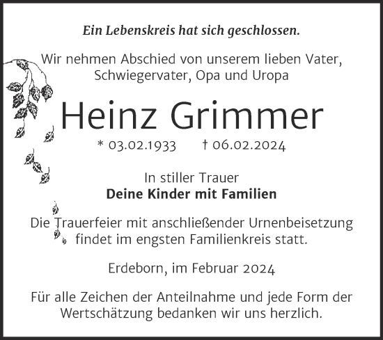 Traueranzeige von Heinz Grimmer von Trauerkombi Mansfelder Land