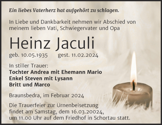 Traueranzeige von Heinz Jaculi von Trauerkombi Merseburg