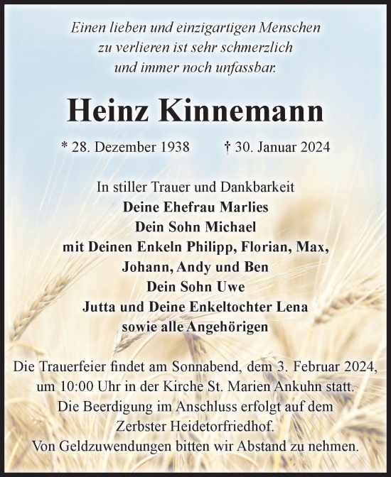 Traueranzeige von Heinz Kinnemann von Volksstimme Zerbst