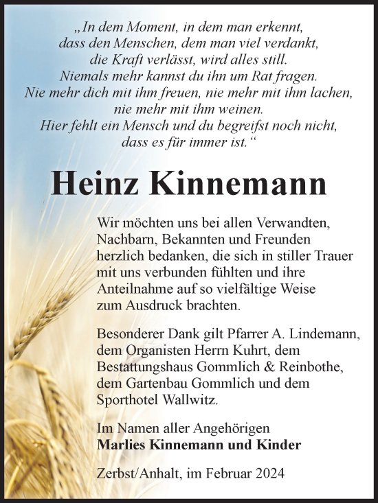 Traueranzeige von Heinz Kinnemann von Volksstimme Zerbst