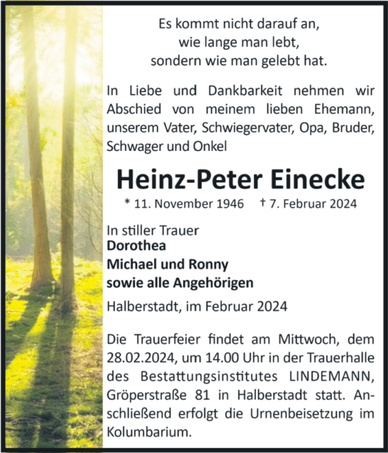 Traueranzeige von Heinz-Peter Einecke von Volksstimme Halberstadt