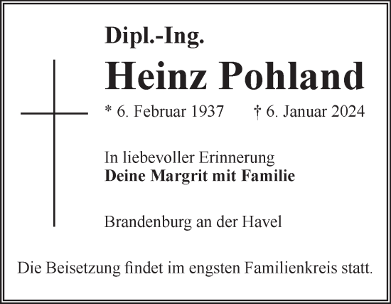 Traueranzeige von Heinz Pohland von Volksstimme Altmark Ost