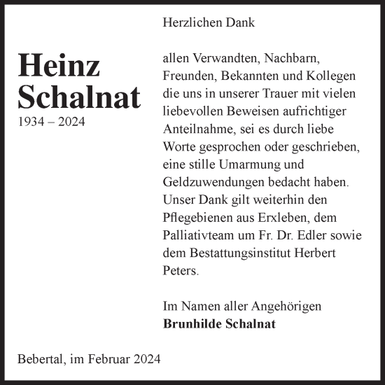 Traueranzeige von Heinz Schalnat von Volksstimme Haldensleben/Wolmirstedt