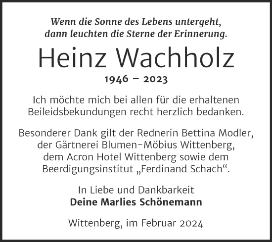 Traueranzeige von Heinz Wachholz von Trauerkombi Wittenberg