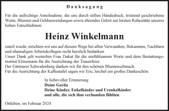 Traueranzeige von Heinz Winkelmann von Volksstimme Oschersleben/Wanzleben