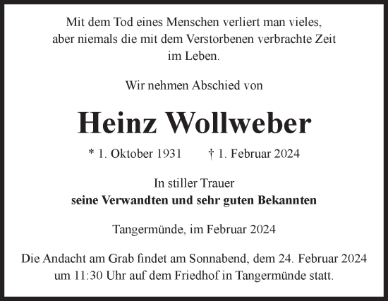 Traueranzeige von Heinz Wollweber von Volksstimme Altmark Ost