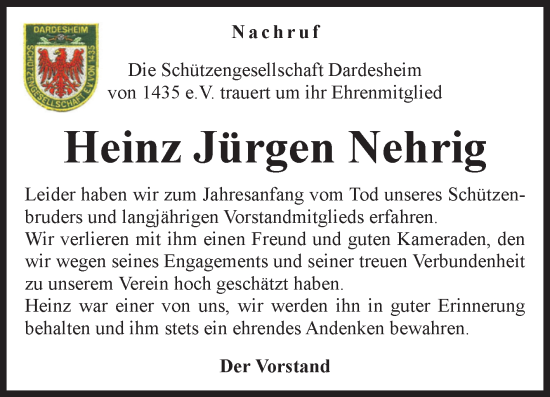 Traueranzeige von Heinz Jürgen Nehrig von Volksstimme Halberstadt