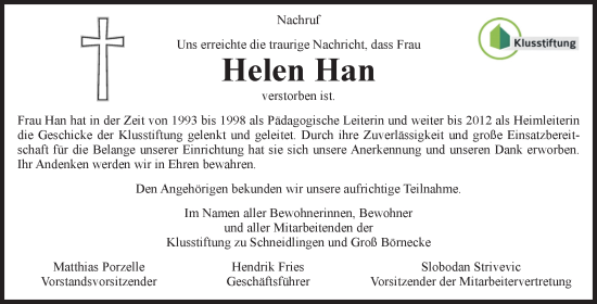 Traueranzeige von Helen Han von Volksstimme Staßfurt