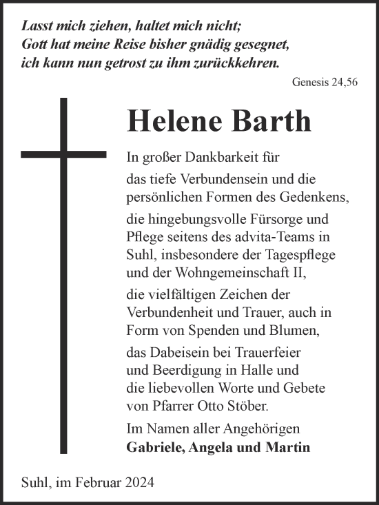 Traueranzeige von Helene Barth von Mitteldeutsche Zeitung Halle/Saalkreis