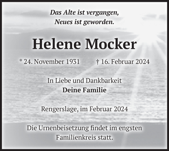Traueranzeige von Helene Mocker von Volksstimme Altmark Ost