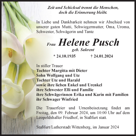 Traueranzeige von Helene Pusch von Volksstimme Staßfurt
