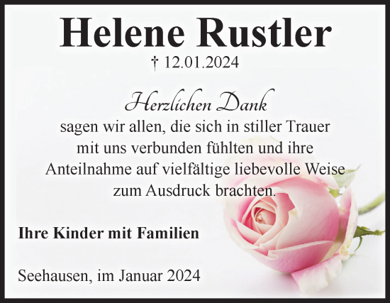 Traueranzeige von Helene Rustler von Volksstimme Altmark Ost