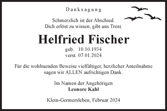 Traueranzeige von Helfried Fischer von Volksstimme Oschersleben/Wanzleben